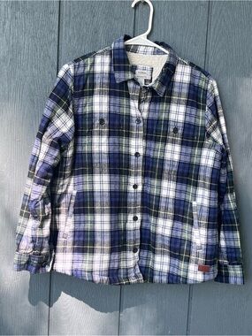 L.L. Bean women’s small blue plaid fleece lined Sherpa flannel jacket shacket